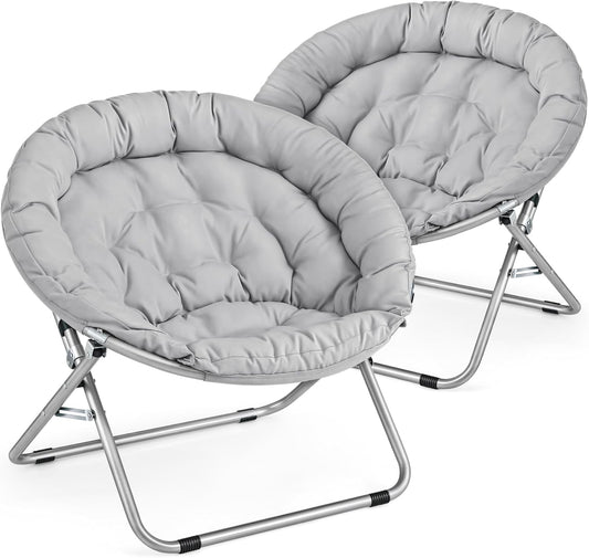 MoNiBloom Round Folding Saucer Chairs Set of 2 for Bedroom Living Room Dorm Foldable Metal Frame Comfy Soft Lounge Lazy Cozy Moon Chairs for Teens (Grey)