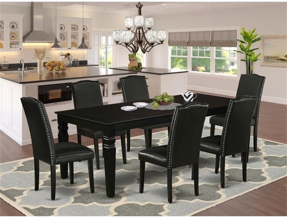 East West Furniture LGEN7-BLK-69 7 Piece Dining Room Furniture Set Consist of a Rectangle Wooden Table with Butterfly Leaf and 6 Black Faux Leather Parson Chairs, 42x84 Inch, Black