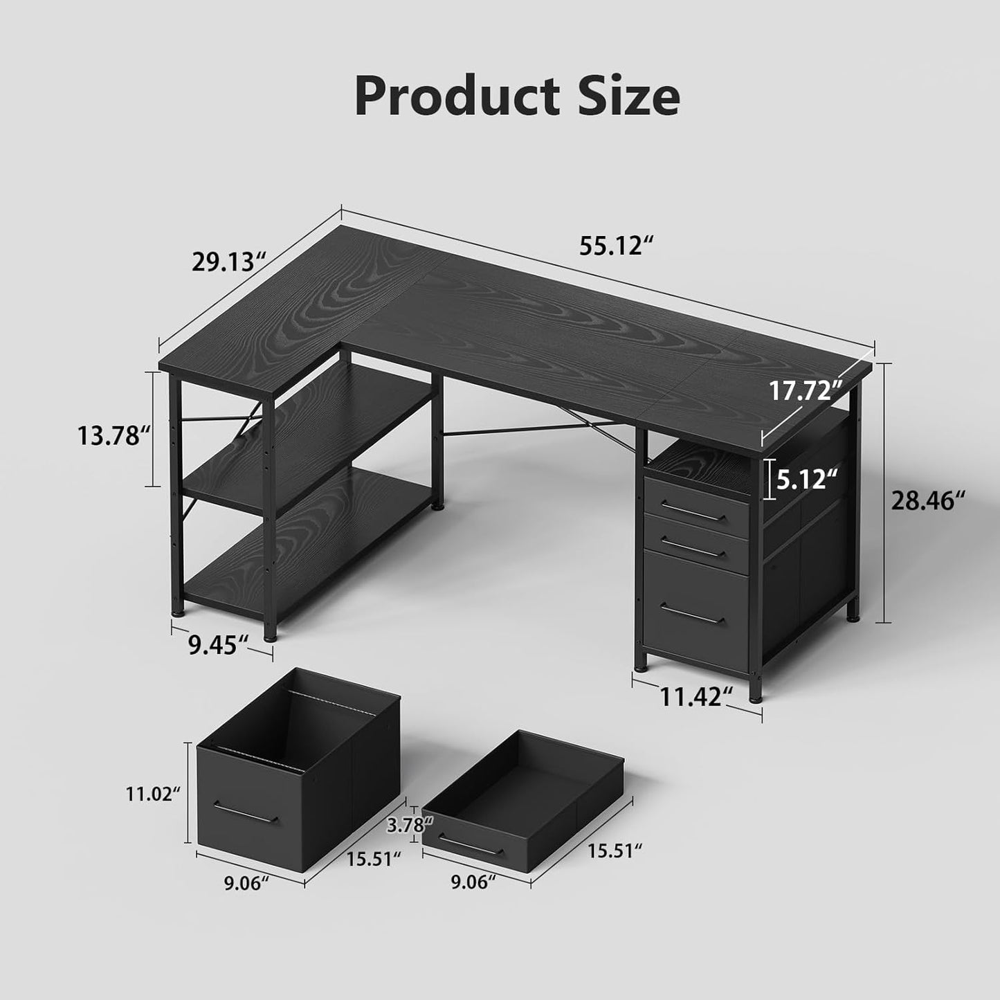 55" Computer Desk with Drawers, Desks for Bedrooms, Writing Desk with Storage, Work Desk for Small Space, Black