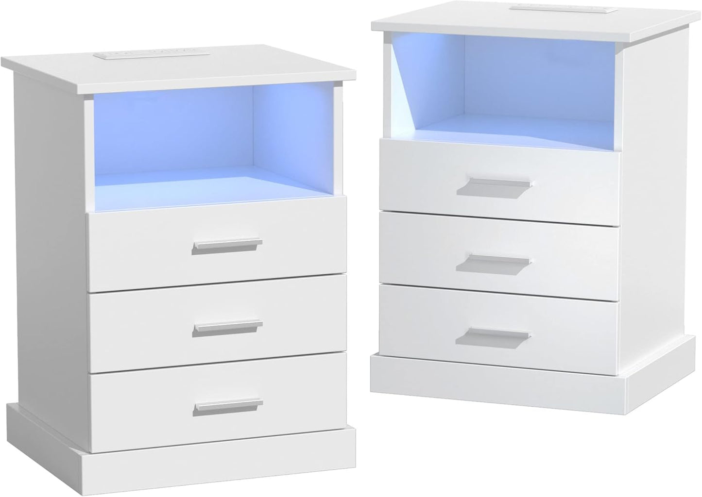Nightstand with Charging Station, LED Lights Side Table with 3 Drawers, End Table for Bedroom Ofiice White 2 Set