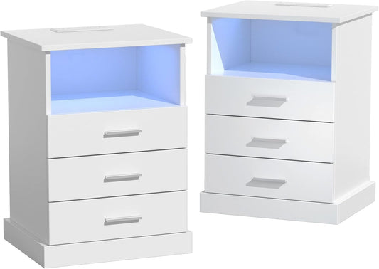 Nightstand with Charging Station, LED Lights Side Table with 3 Drawers, End Table for Bedroom Ofiice White 2 Set