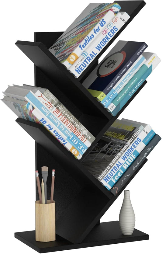 5 Tier Tree Book Shelf, Small Desktop Bookshelf with Storage Organizer, Wood Bookcase, Desk Display Bookshelves, Floor Standing Organizer Bookcases for Living Room,Bedroom,Office-Black