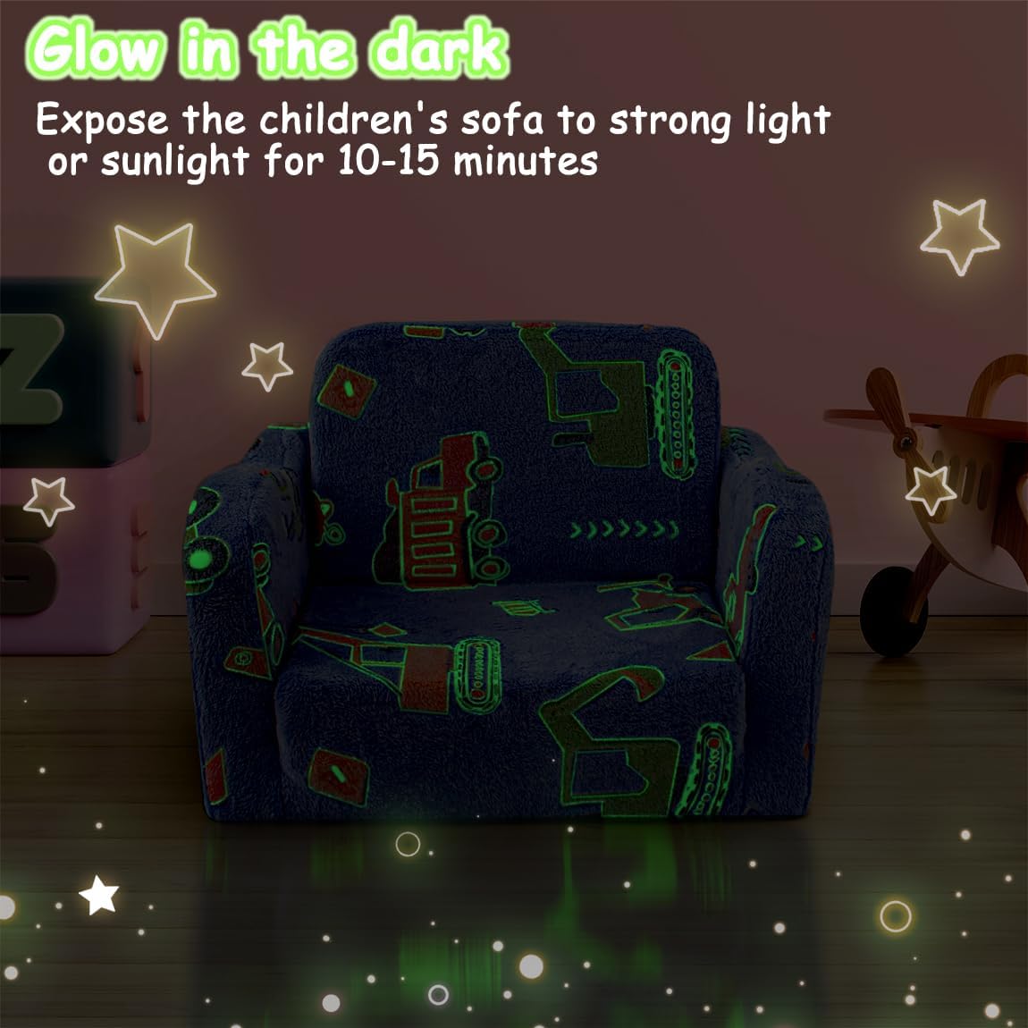 Toddler Chair and Couch, 2 -in-1 Toddler Couch Fold Out, Convertible Chairs for Toddlers Comfy Sofa to Lounger with Glow in The Dark Feature, Soft for Girls and Boys