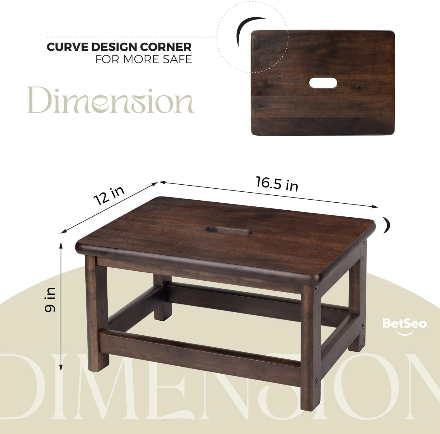 Wooden Step Stool (16.5" Dx12 Wx9 H) Bed Steps for High Beds for Adults - Natural Solid Wood One Step Stool, Heavy Duty- Holds up to 600Lbs- Perfect Safety (9in Height-Walnut)