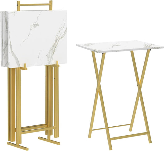 HOOBRO Folding TV Tray Tables, Set of 4 TV Trays with Storage Rack, Industrial Side Table for Eating at Couch, Foldable Snack Table for Small Space, Easy Assembly, Marble and Gold DM50BZ01