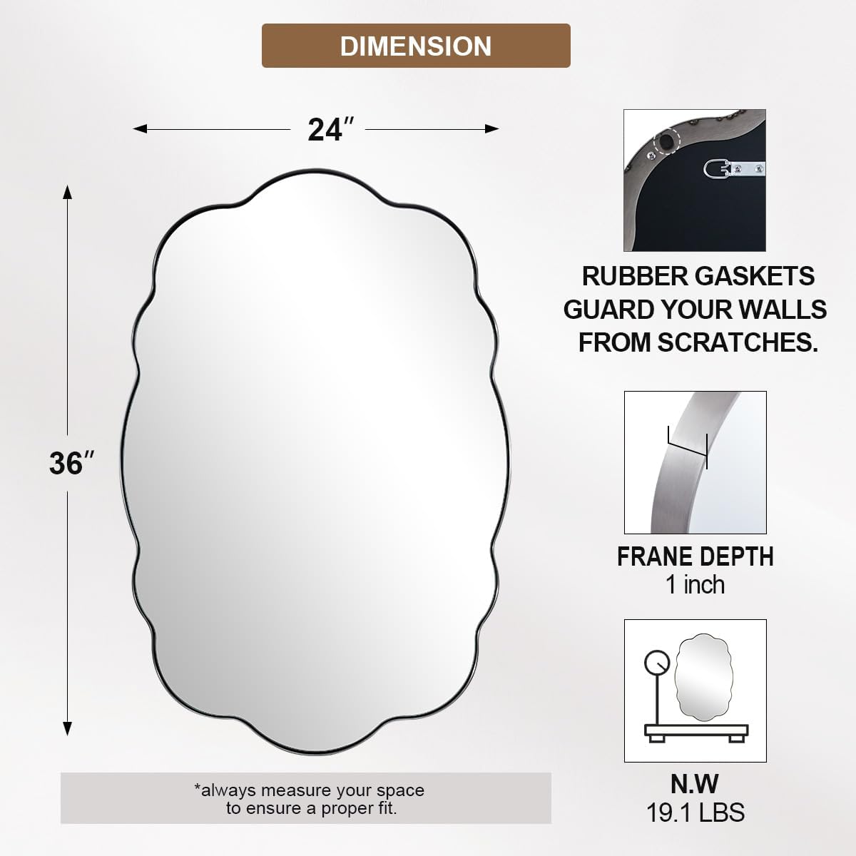 ANDY STAR Brushed Nickel Bathroom Mirror, 24x36 Inch Silver Asymmetrical Wall Mirror, Oval Bathroom Vanity Mirror, Unique Irregular Wall Mirror with Sophisticated Curved Design