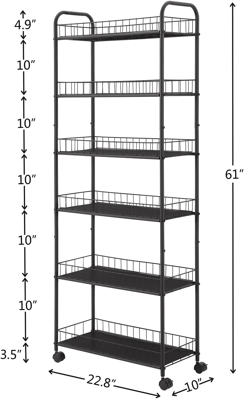 6 Tier 10in Slim Rolling Storage Cart with Handle, Mobile Shelving Unit with Wheels, Metal Wire Storage Rack with Baskets for Kitchen Bathroom Office Laundry Narrow Piaces