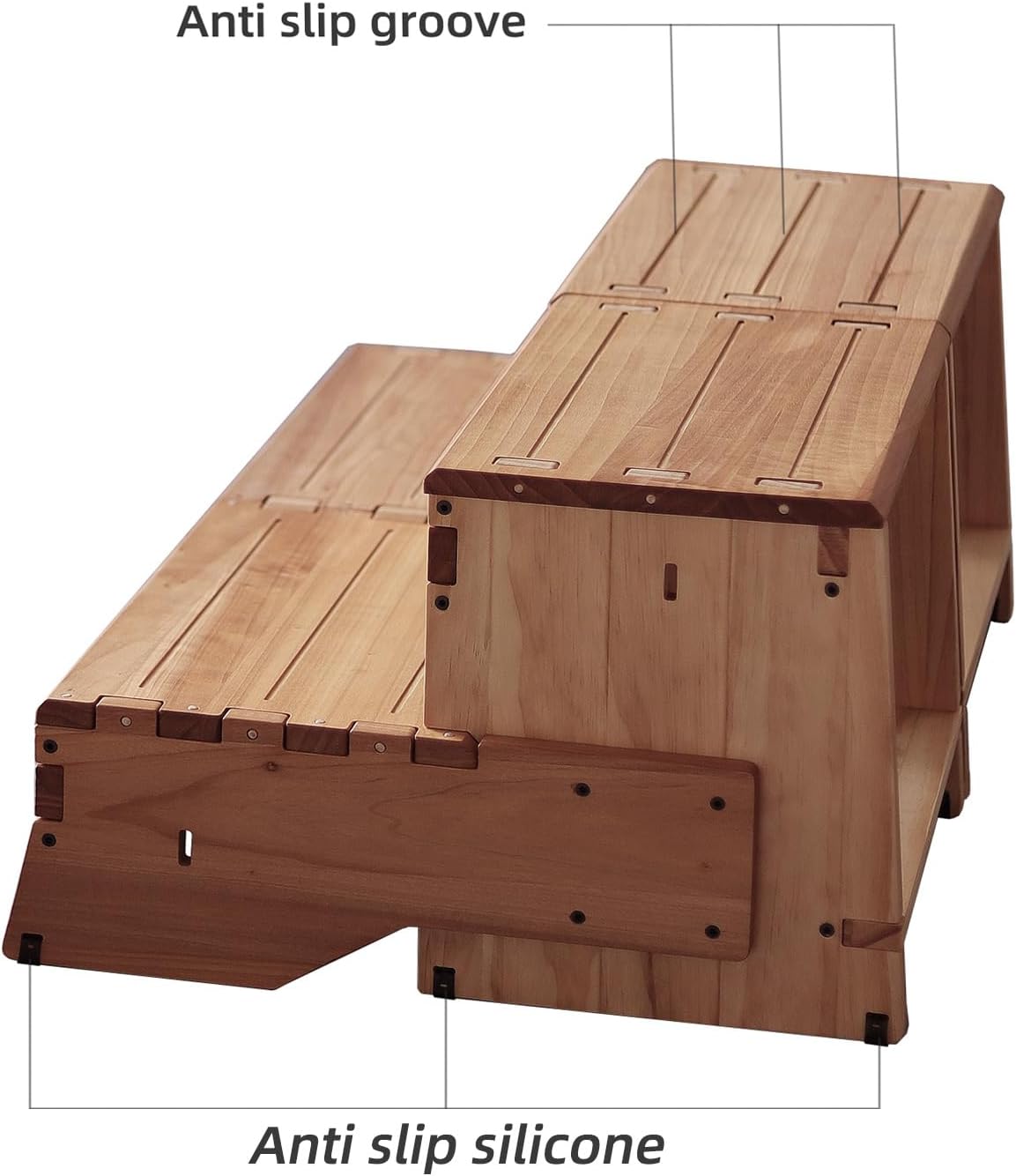 16" Wooden Two Step Stool for Adult & Kid, Wider, Deeper & Safer Bedside Steps, Anti-Slip. Riser 2-Step Spa & Hot Tub Stairs for Pool, Heavy Duty for Kitchen, Bathroom, Closet, High Bed Step