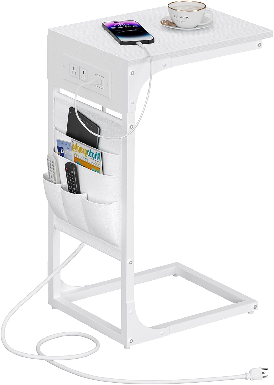 TUTOTAK C Shaped End Table with Charging Station, Side Table for Sofa, Couch Table with Storage Bag, TV Tray Table with 2 USB Ports and Outlets for Living Room, Bedroom, White TB01BW024