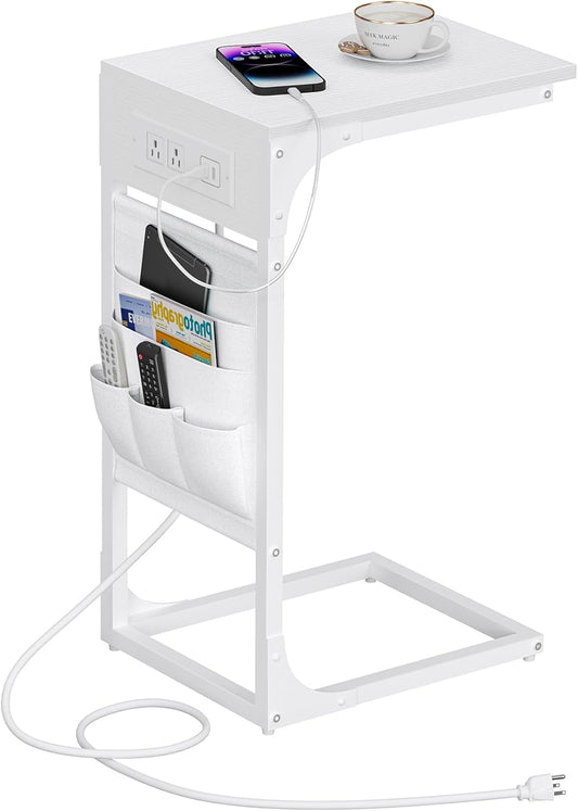 TUTOTAK C Shaped End Table with Charging Station, Side Table for Sofa, Couch Table with Storage Bag, TV Tray Table with 2 USB Ports and Outlets for Living Room, Bedroom, White TB01BW024