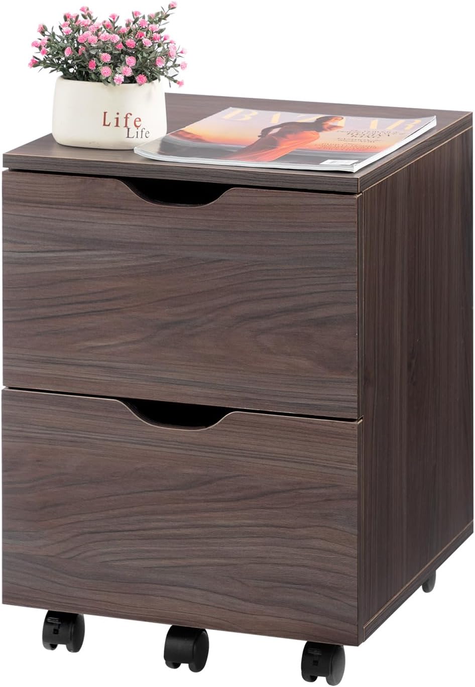 HollyHOME Under Desk Cabinet, Deep 2-Drawer Mobile Wood Cabinet, Storage Drawer for Home, Rolling Shelf for Office, Rolling Printer Stand, for A4, Modern, Dark Brown