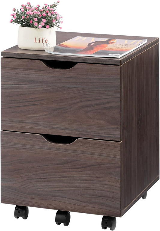 HollyHOME Under Desk Cabinet, Deep 2-Drawer Mobile Wood Cabinet, Storage Drawer for Home, Rolling Shelf for Office, Rolling Printer Stand, for A4, Modern, Dark Brown