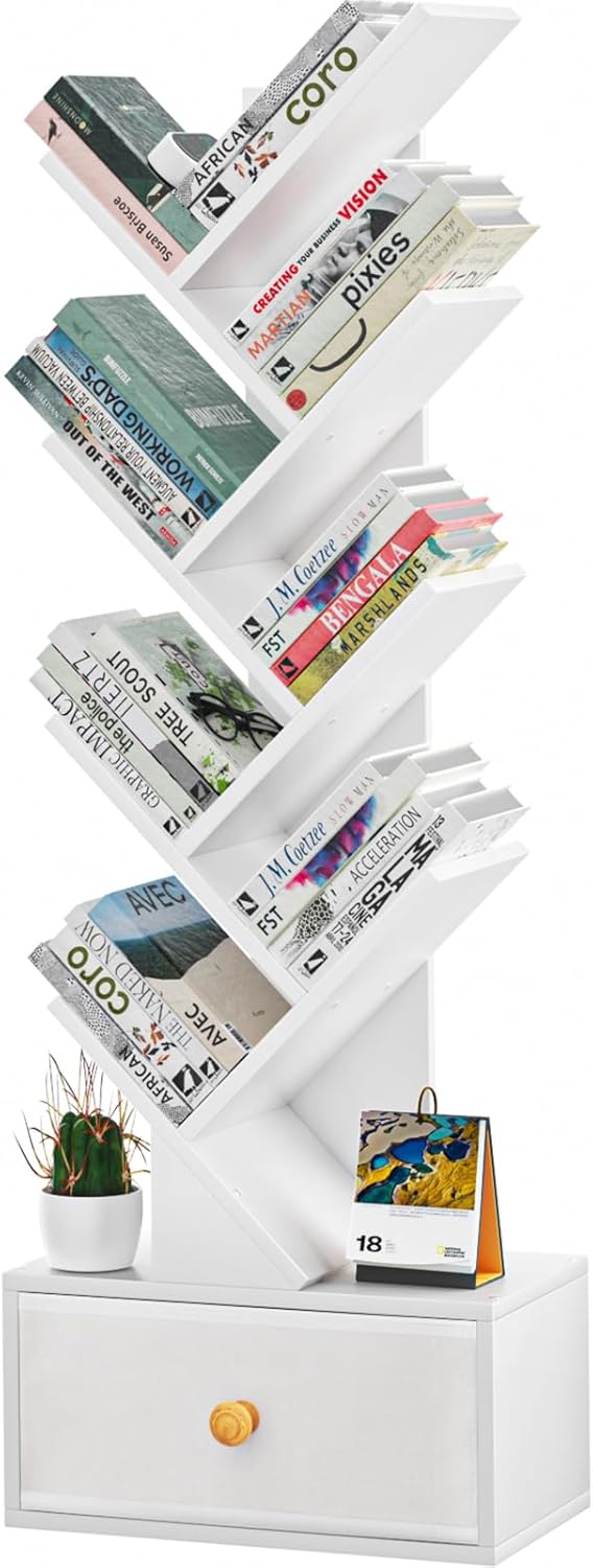 8 Tier Tree Bookshelf with Drawer, Free Standing Wood Bookcase for Living Room, Bedroom, Home Office, Space Saving Storage Organizer Bookshelves for Books, CDs, Vinyl Records- White