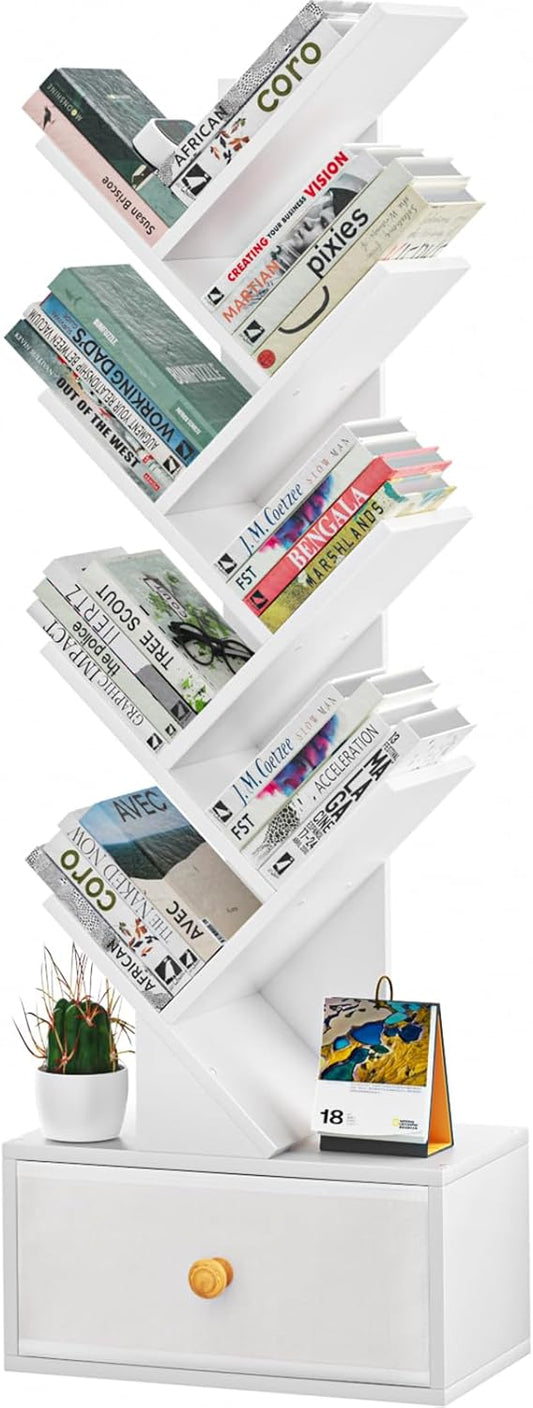 8 Tier Tree Bookshelf with Drawer, Free Standing Wood Bookcase for Living Room, Bedroom, Home Office, Space Saving Storage Organizer Bookshelves for Books, CDs, Vinyl Records- White