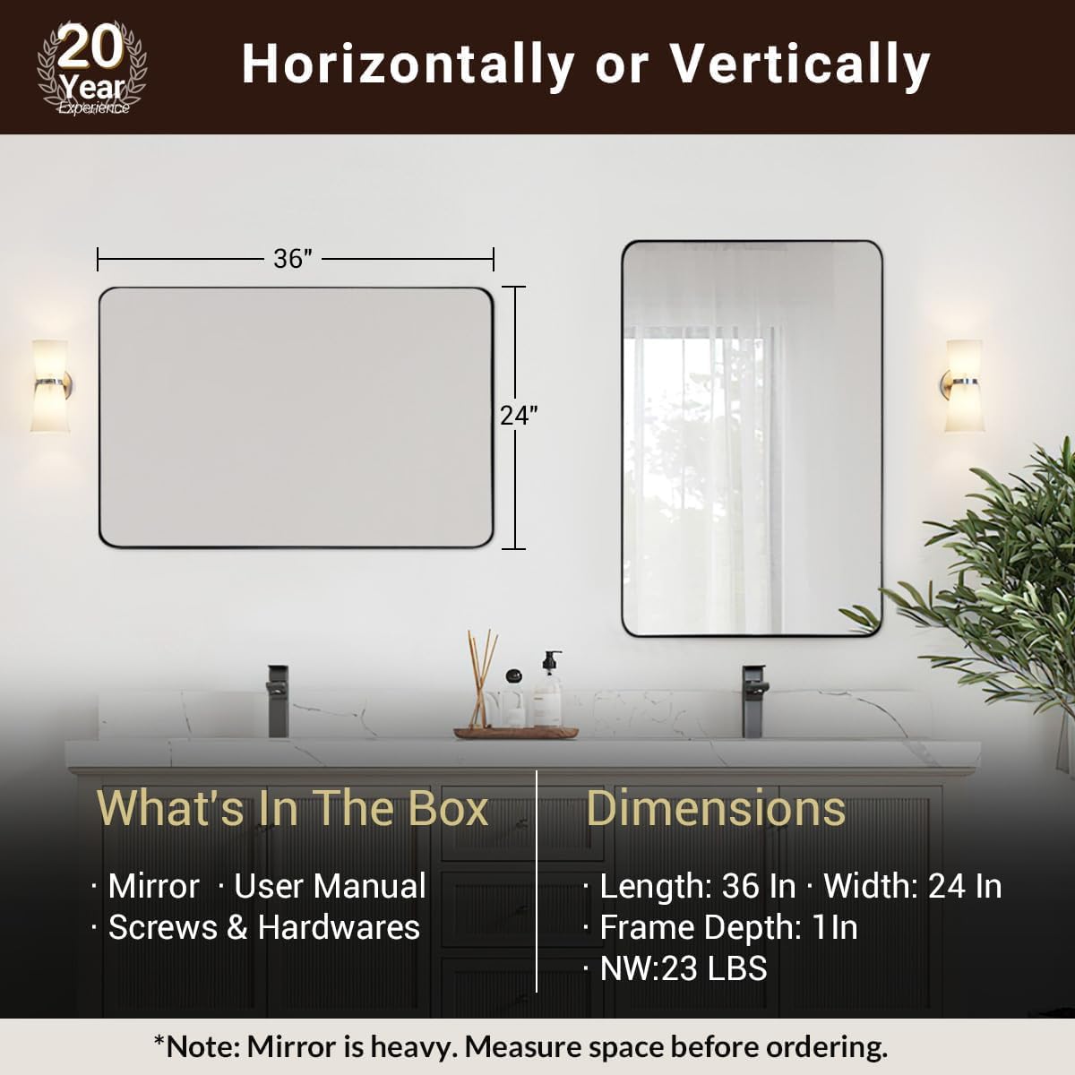 ANDY STAR Wall Mirror for Bathroom, 24x36 Matte Black Bathroom Mirror, Modern Stainless Steel Metal Frame with Rounded Corner, Rectangle Glass Panel Wall Mounted Mirror for Vanity