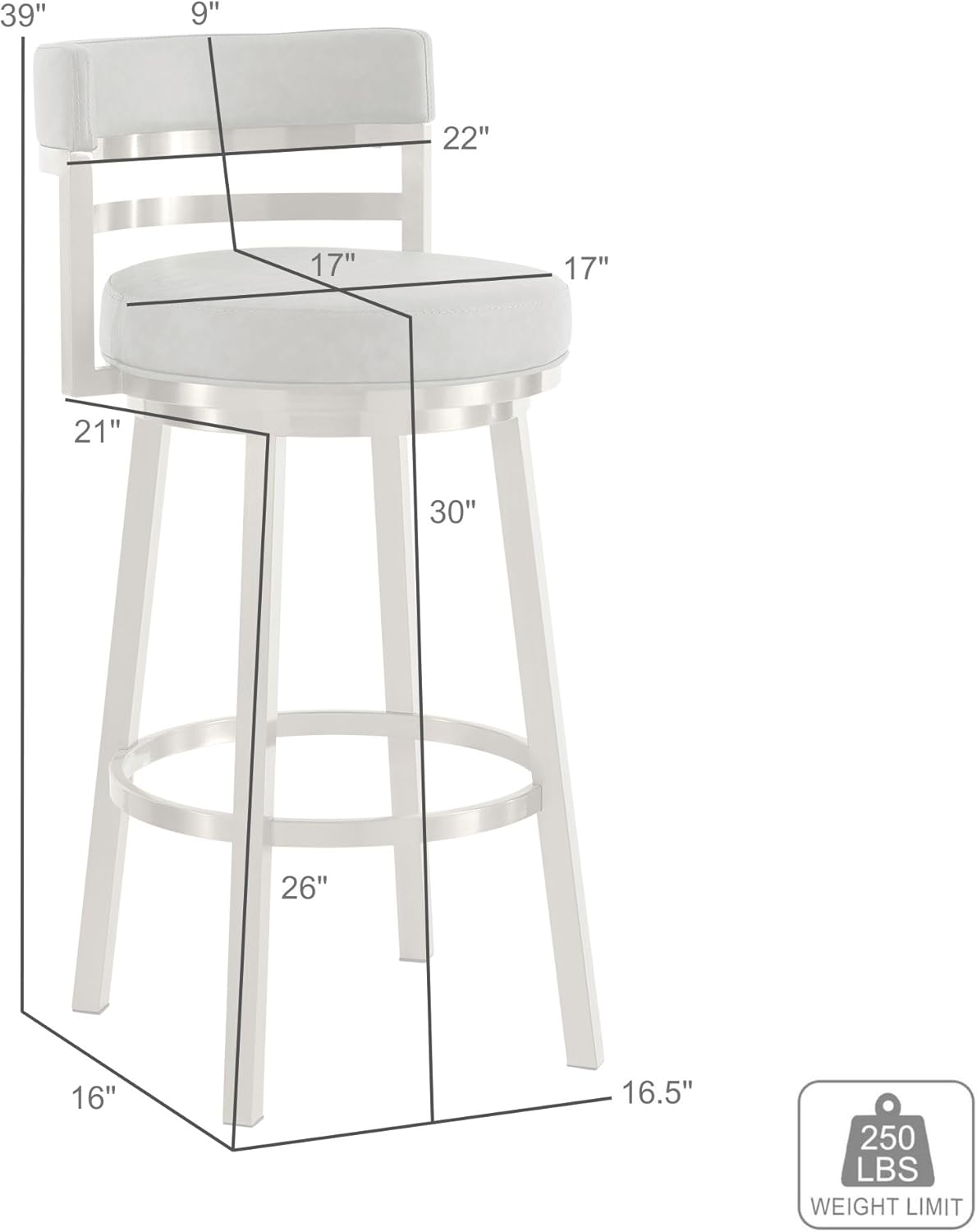 Armen Living Madrid 30" Seat Height Swivel Modern White Faux Leather and Gold Brushed Stainless Steel Bar Stool for Kitchen Island Counter