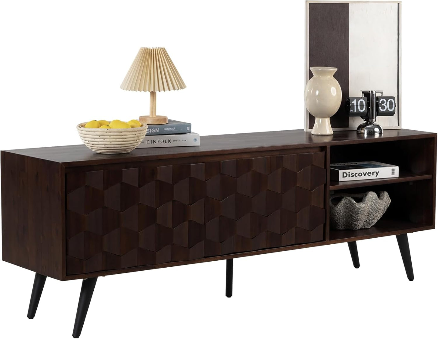 Bme Georgina 65 Inch Solid Wood TV Stand, Under 10 Minutes Assembly Entertainment Center with Storage, Geometric Pattern TV Console for Living Room, Bedroom, Dinning Room - Walnut