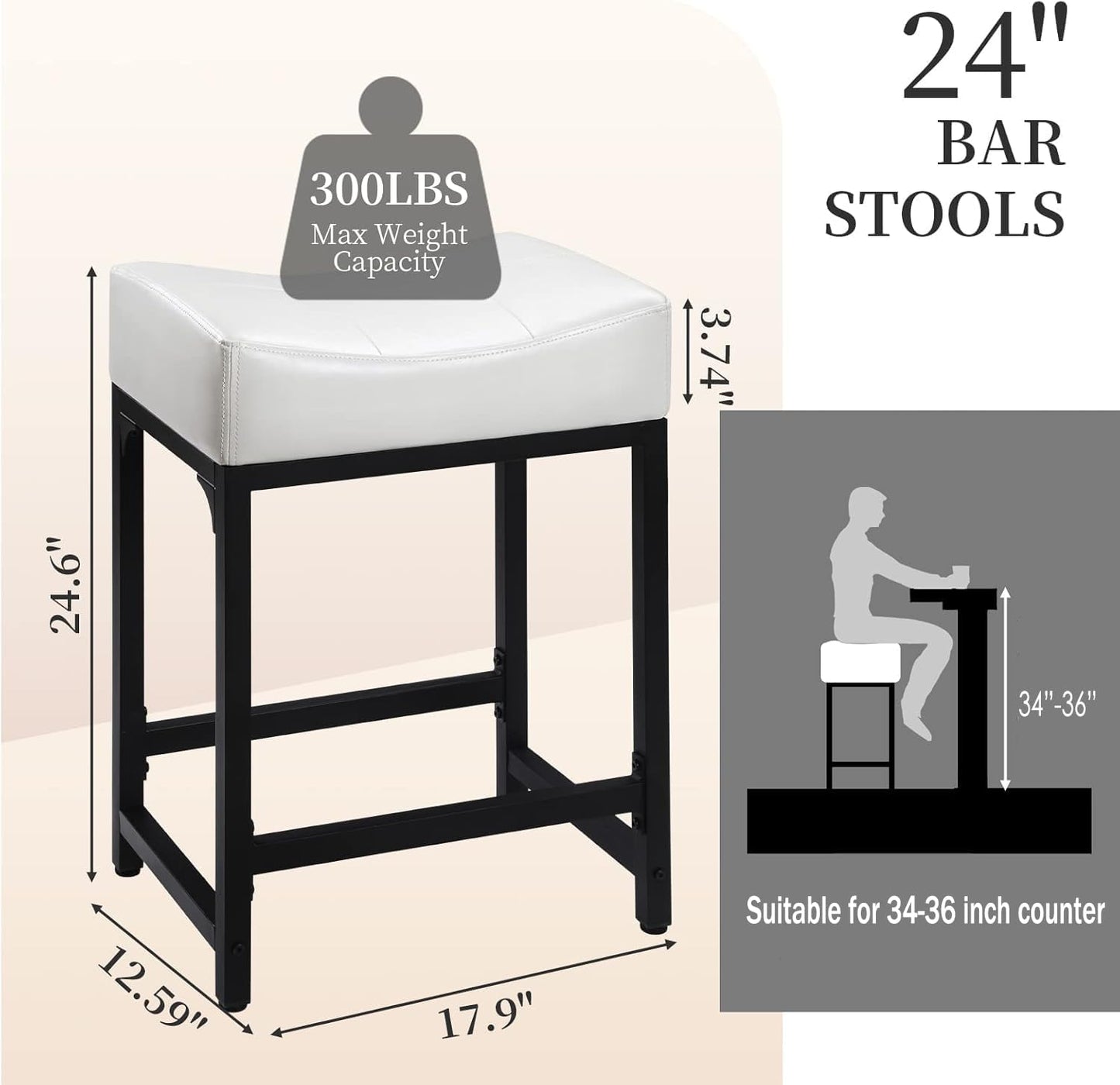 Off White Counter Height Bar Stools Set of 2, 24" White Bar Stools for Kitchen Counter with Saddle Cushion, Modern Backless Barstools Counter Stools Island Chair for Bar Kitchen