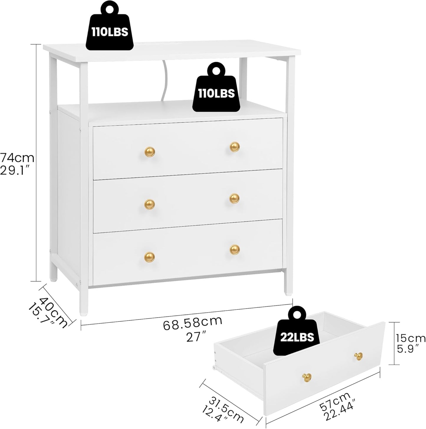3 Wooden Drawers Night Stand, 27 Inch Wide Nightstand with Charging Station and Adjustable Drawers, Bedside Table for Living Room/Bedroom/Office, White.