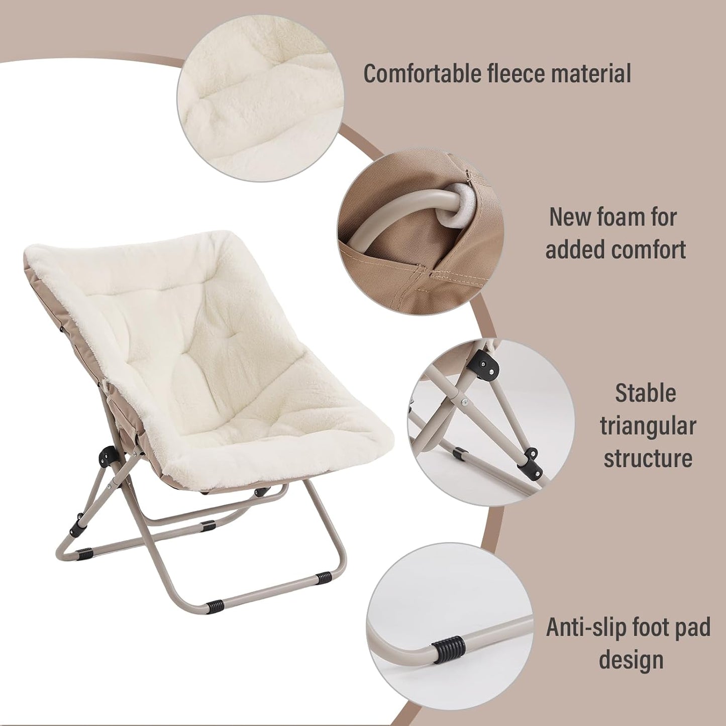 Tiita Comfy Folded Chair, Soft Faux Fur Oversized Folding Accent Chair, Lounge Lazy Chair for Kids Teens Adults, Metal Frame Moon Chair for Bedroom, Living Room, Dorm Rooms