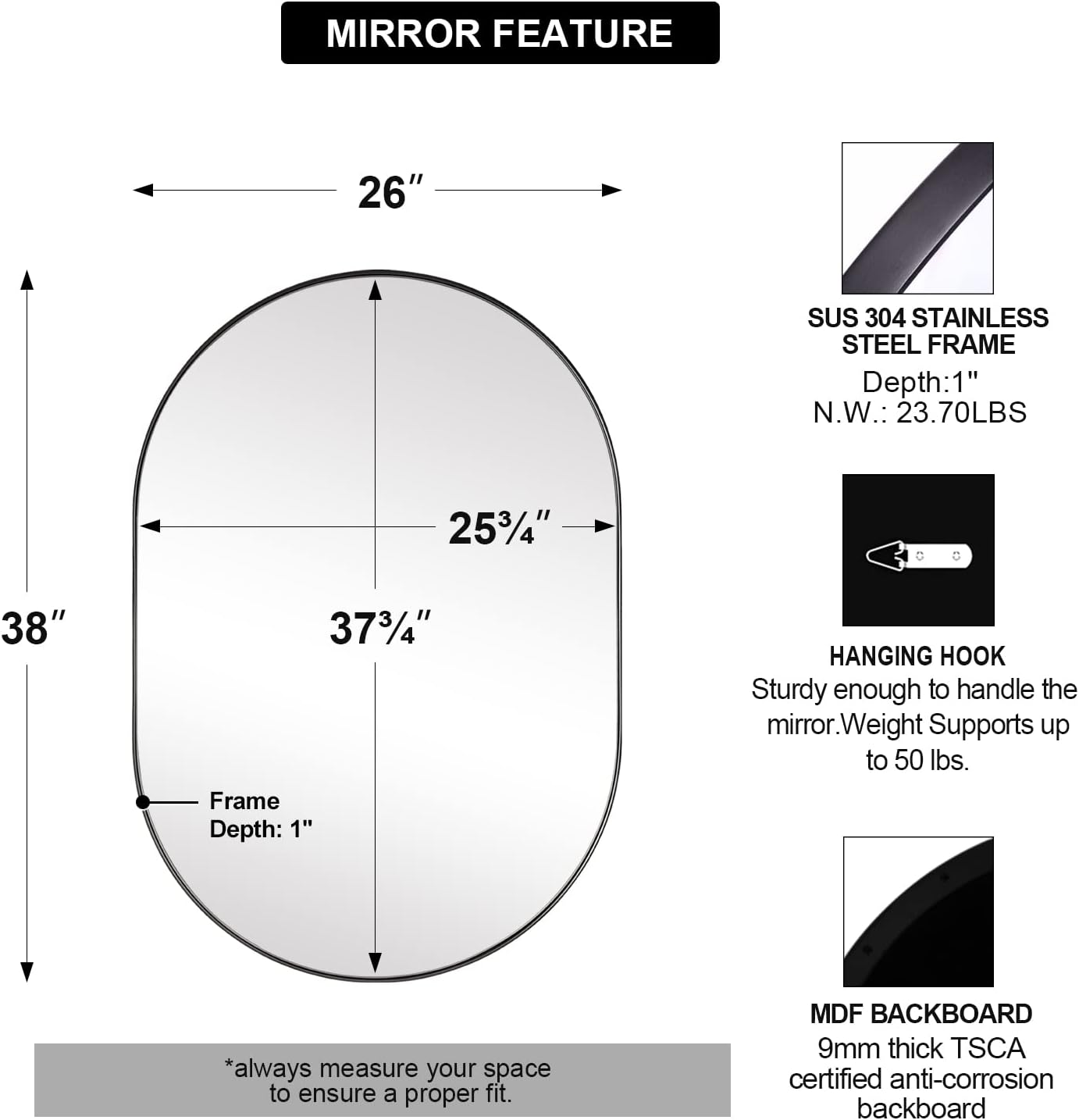 ANDY STAR Black Oval Mirror, 26x38'' Pill Shaped Mirror 1’’ Deep Metal Frame Wall Mounted Vertically&Horizontally Ideal for Limited Space