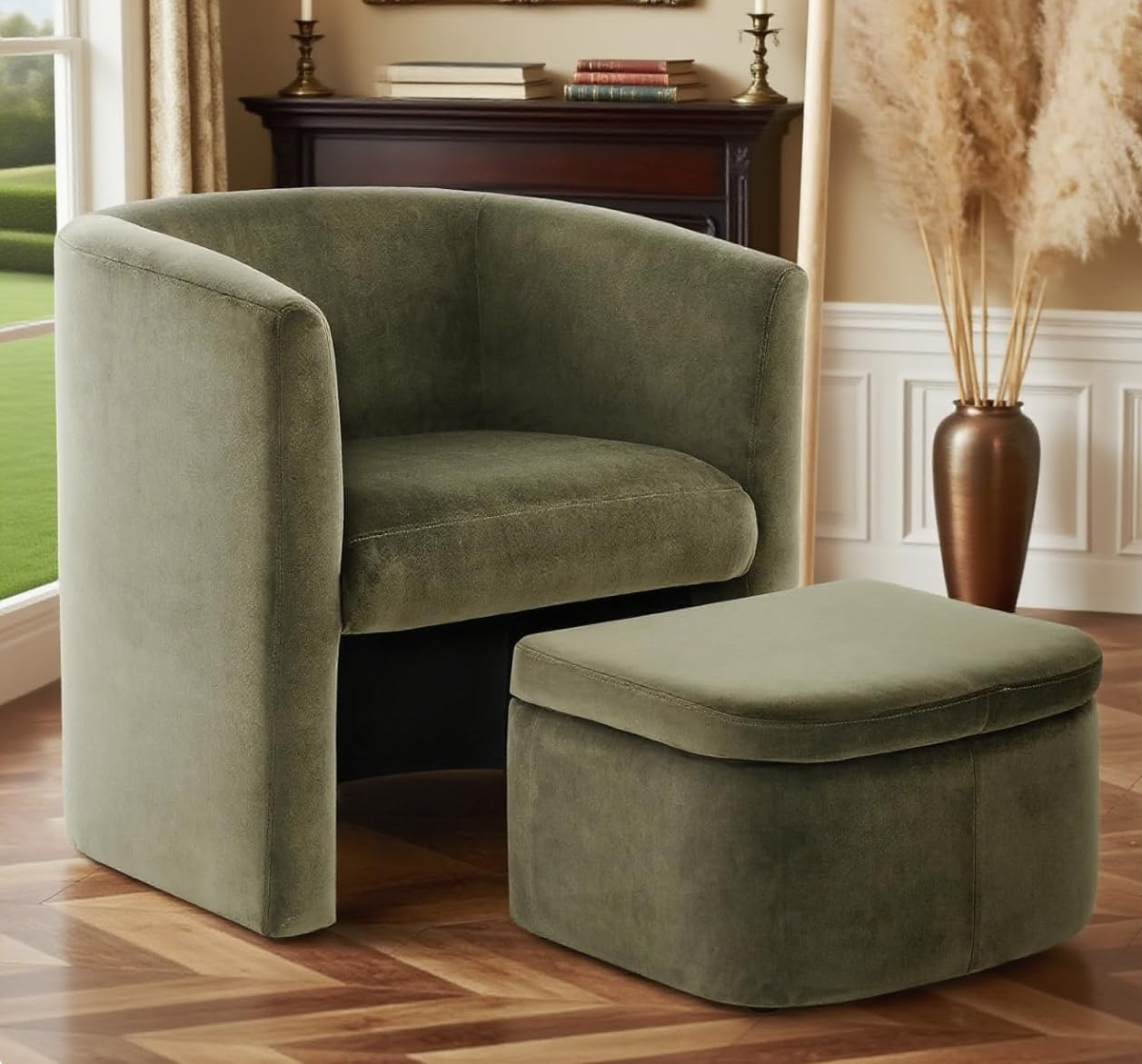 COLAMY Upholstered Velvet Barrel Accent Chair with Storage Ottoman, Morden Living Room Chair with Lounge Seat for Bedroom/Reading Spaces, Green