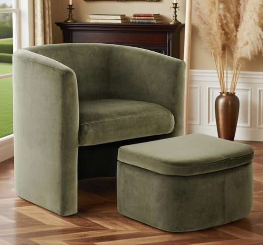 COLAMY Upholstered Velvet Barrel Accent Chair with Storage Ottoman, Morden Living Room Chair with Lounge Seat for Bedroom/Reading Spaces, Green
