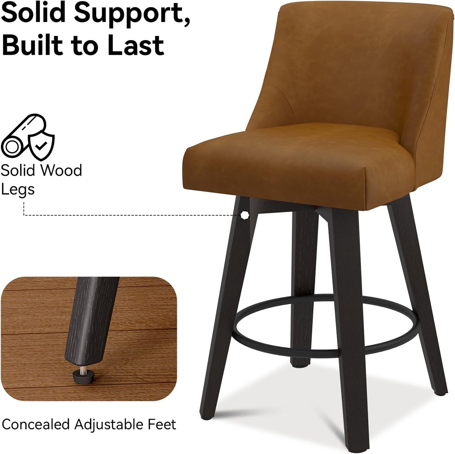 Counter Height Swivel Bar Stools Set of 6, 26 Inch Bar Stools with Footrest, Faux Leather Upholstered Barstools with Back and Solid Wood Legs for Kitchen Island, Dining Room,Pub,Brown