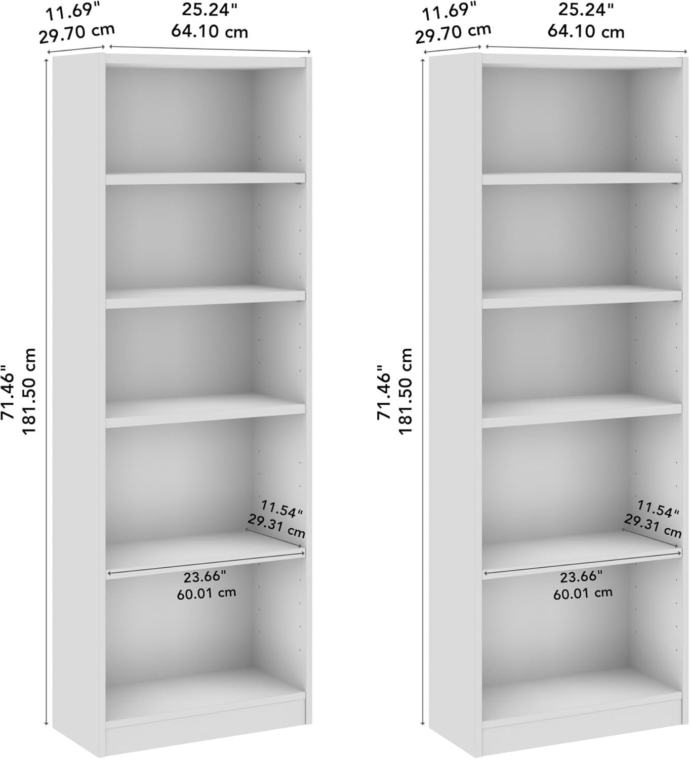 Bush Furniture Universal 25W Tall 5 Shelf Bookcase in White - Set of 2, Matching Storage and Display Bookshelves for Home Office or Living Room Organization