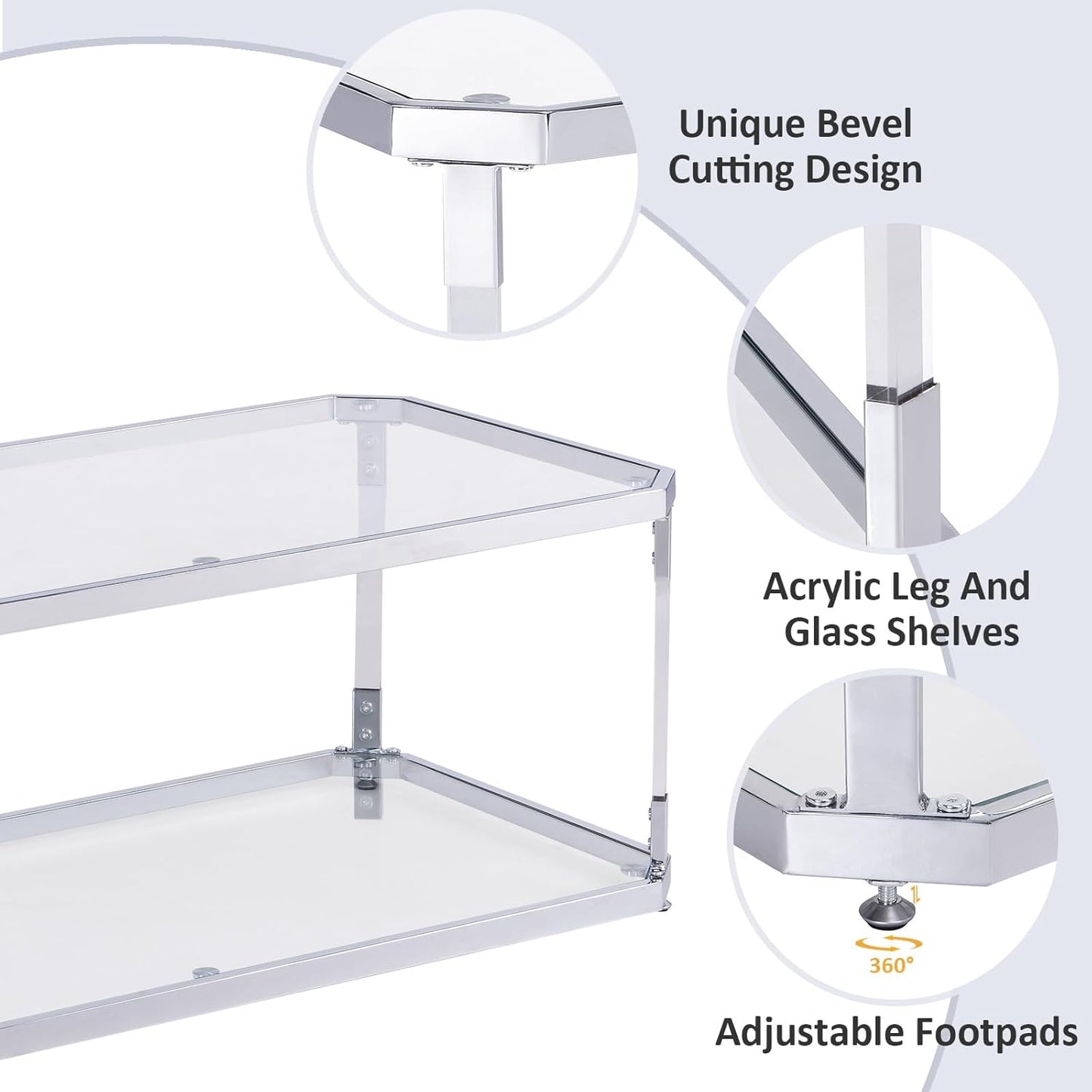 Glass Top Coffee Table, Sliver Rectangle Coffee Table Glass Top with 2 Tiers, Acrylic Leg, Chrome Frame, Modern Center Table for Living Room