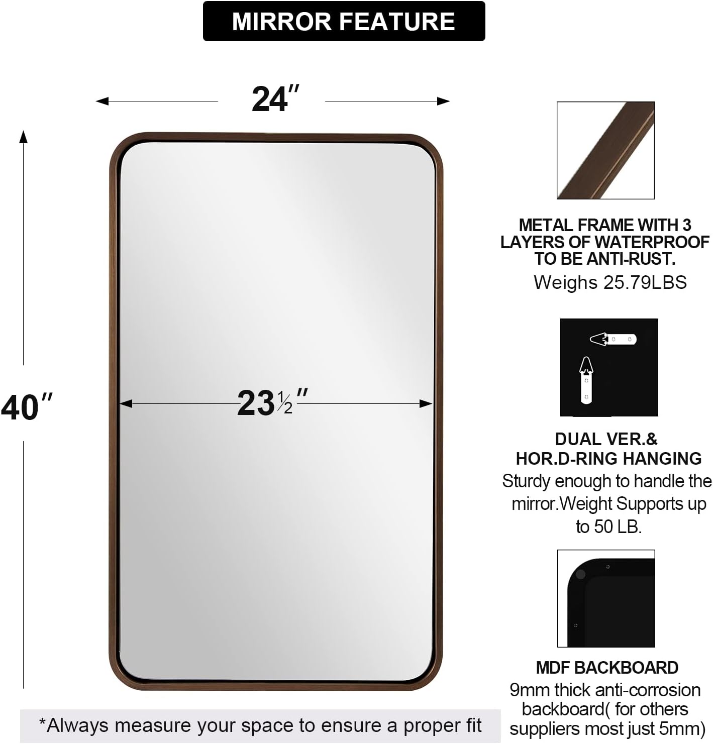 ANDY STAR Bronze Bathroom Mirror, 24x40’’ Rounded Rectangle Oil Rubbed Bronze Mirror in Premium Tube Metal Framed 1’’ Deep Wall-Mounted Mirror Horizontal/Vertical