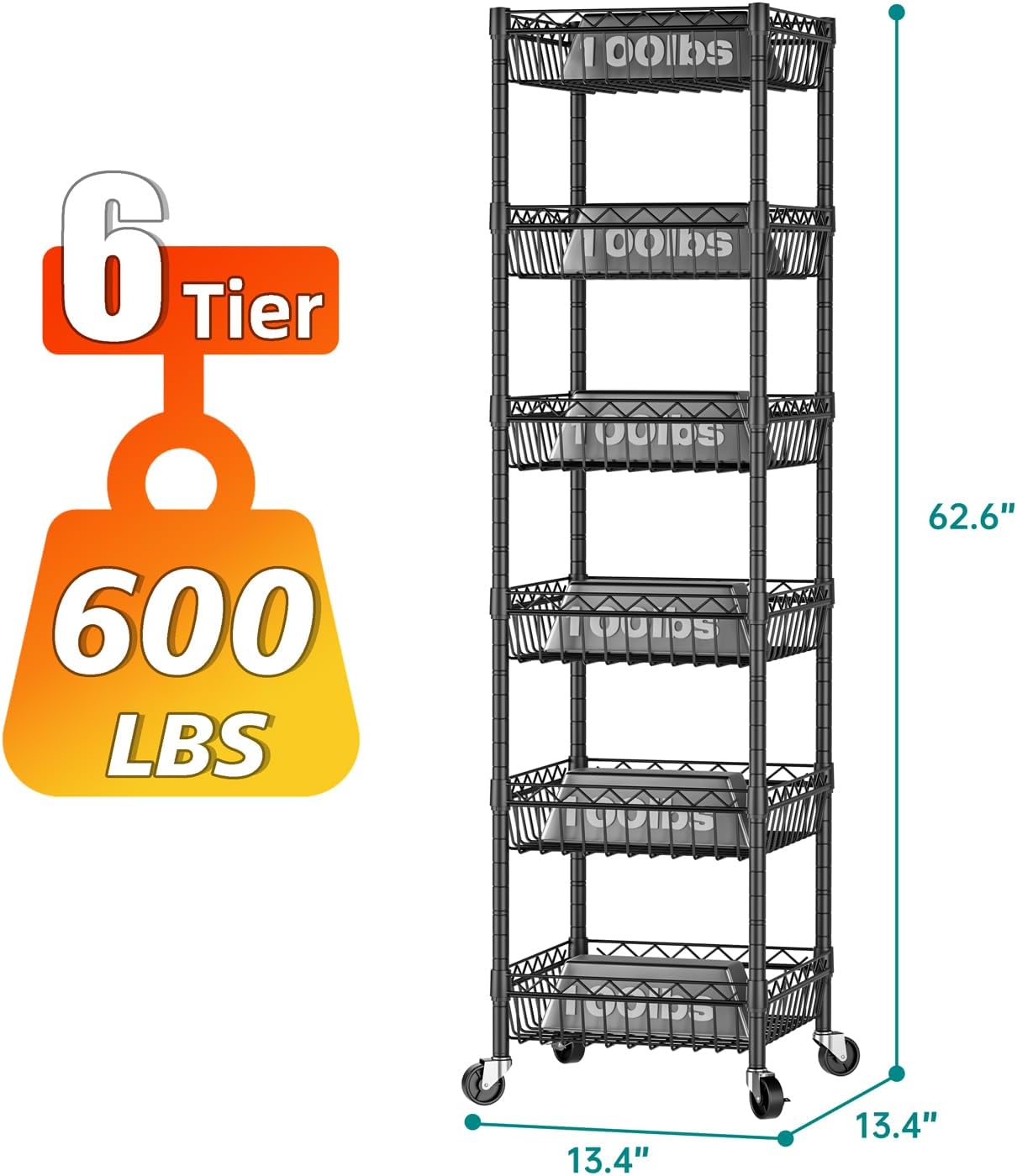 SINGAYE 6 Tier Shelf Wire Rack Shelving with Wheels Metal Storage Shelves Adjustable Closet Bathroom Organizers Baskets Pantry Kitchen Garage Laundry Room 13.5" D x 13.5" W x 63" H Black