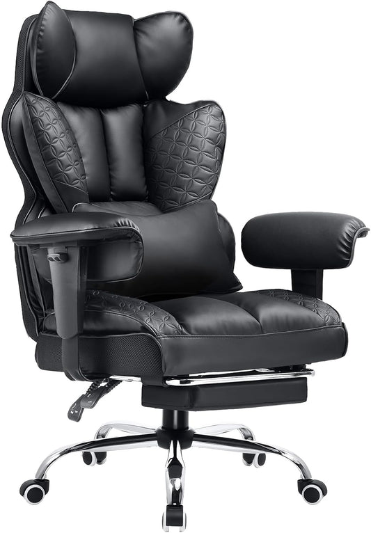COMHOMA Big and Tall Office Chair 400LBS Wide Ergonomic Gaming Chair with Deluxe Embossing Designed Leather with Foot Rest,150°Reclining Adjustable Armrests Pocket Spring Back Support and Pillow