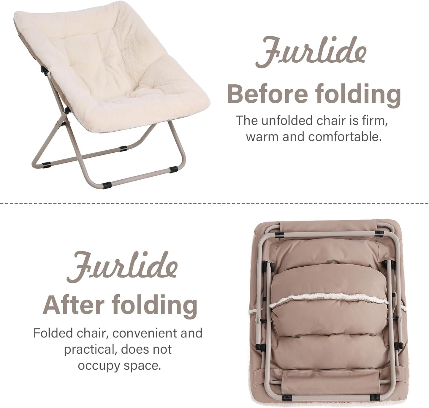 Saucer Chair with Ottoman, Oversized Dorm Chairs, X-Large Faux Fur Folding Chair, Foldable Metal Frame Chair for Bedroom, Living Room (Beige)