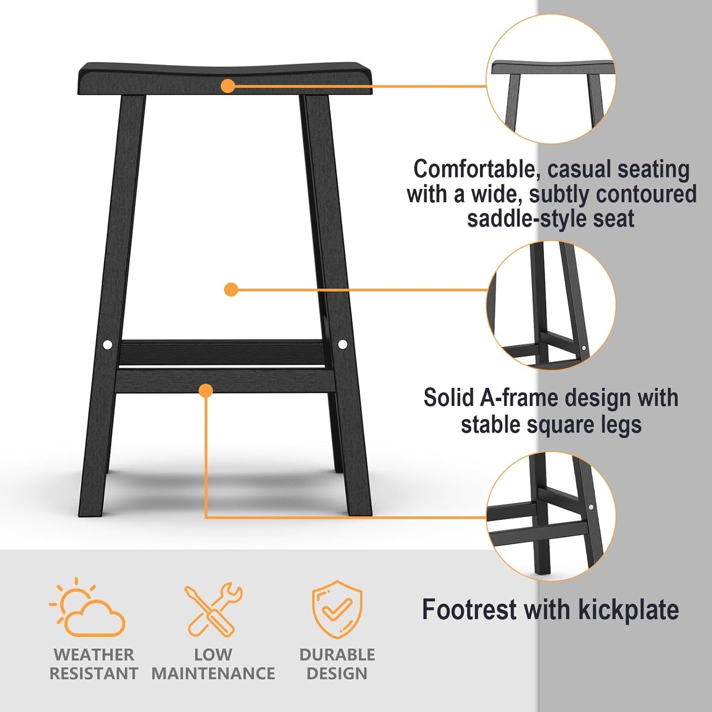 Bar Stools Set of 4, Waterproof UV-Resistant,Durable Resin Kitchen Island Chairs for Indoor & Outdoor Use, Modern Design for Home,Bar,and Cafe (29''Black-4)