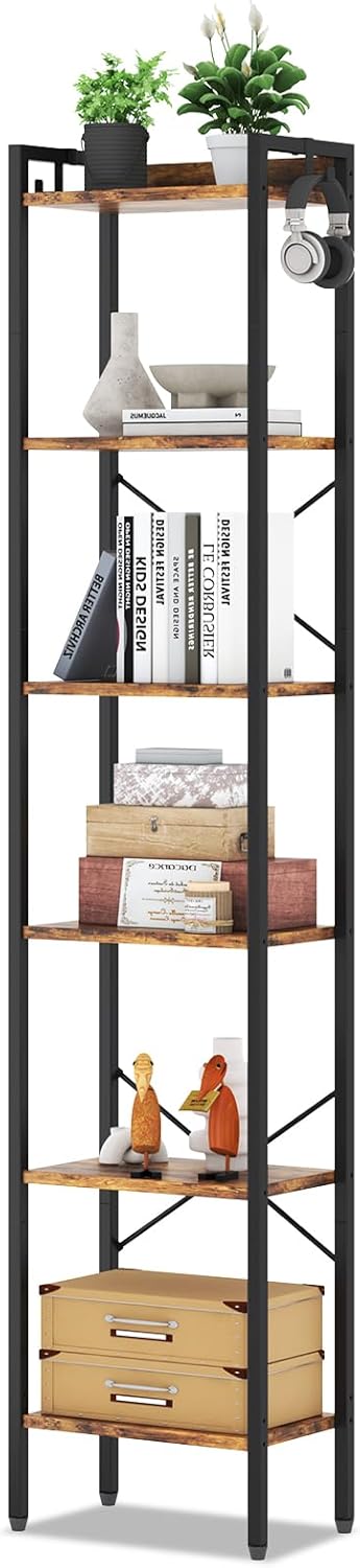 5 Tier Bookshelf, Bookcase with 5 Shelves, Storage Rack Organizer, Corner Wood Storage Shelf with Metal Frame for Bedroom, Living Room (Rustic Brown)