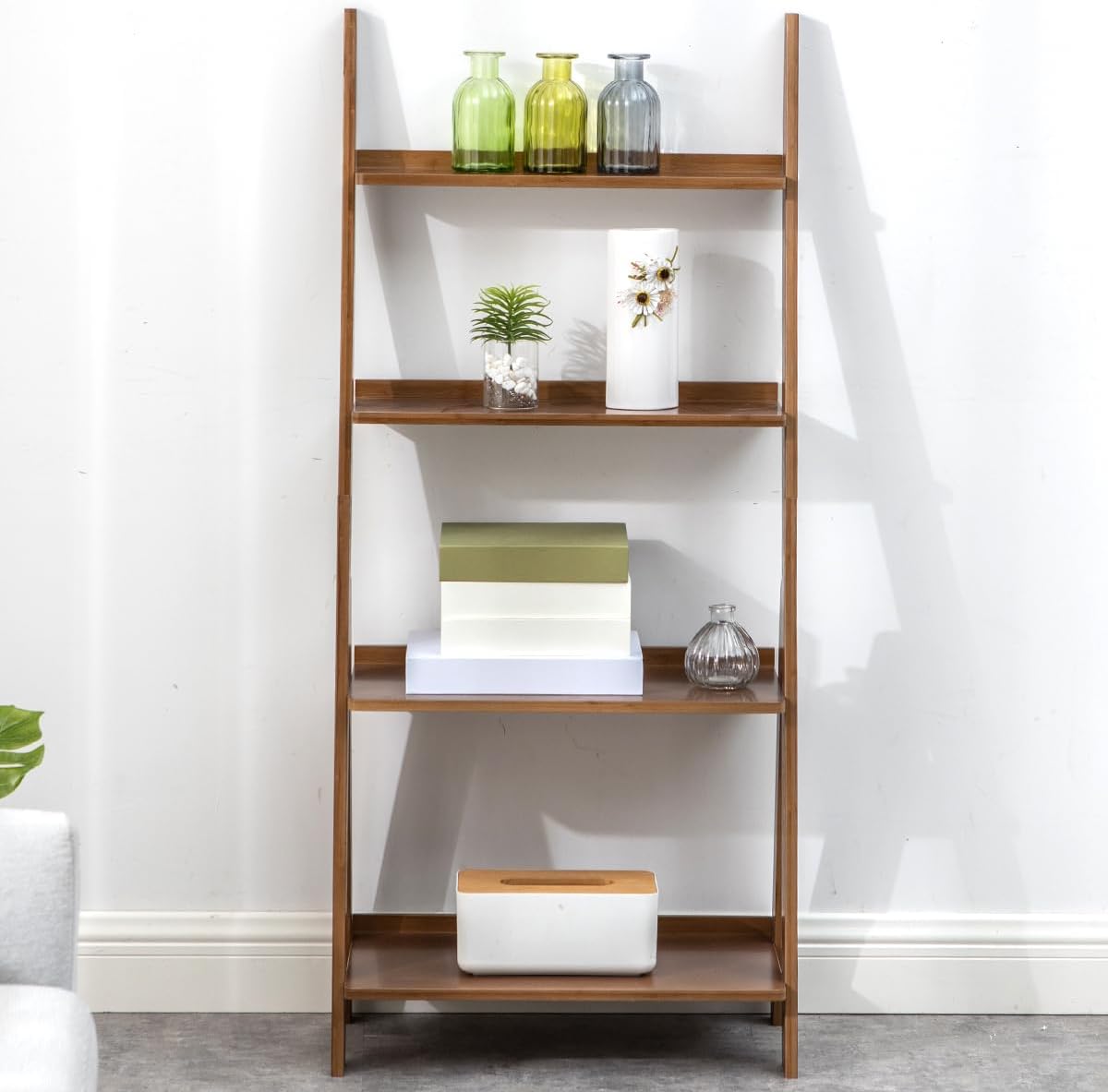Maydear Bamboo Ladder Shelf Bookcase, 4-Tier Leaning Bookshelf Free Standing Organizer Storage Shelves for Living Room, Bedroom, Kitchen, Home Office, Balcony (Walnut)