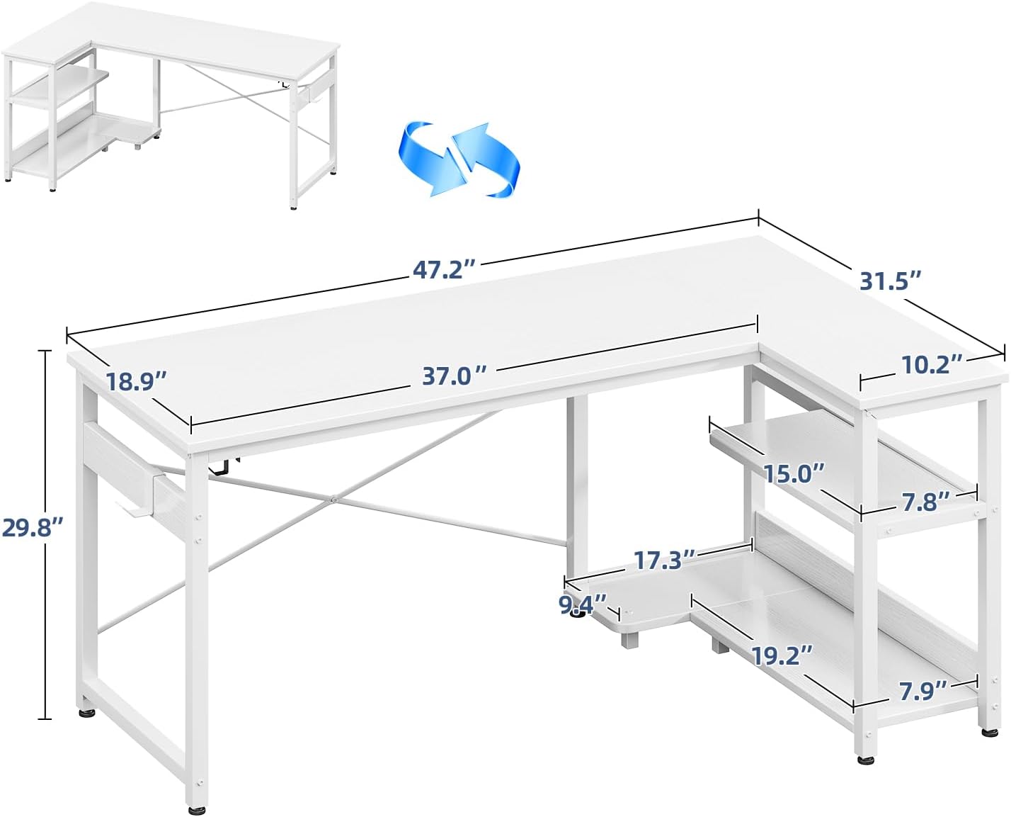 Casaottima L Shaped Computer Desk, 48 Inch Small Corner Desk with Storage Shelves & PC Stand, Reversible Gaming Desk for Bedroom, Modern Writing Study Table for Home Office, White