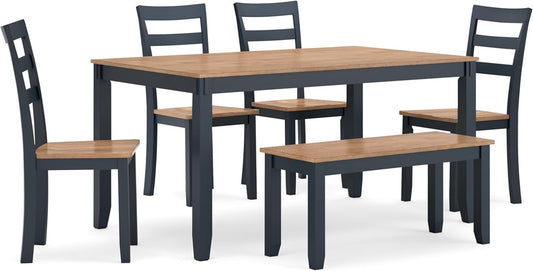Signature Design by Ashley Gesthaven Modern Dining Table with 4 Chairs and Bench, Set of 6, Blue & Light Brown
