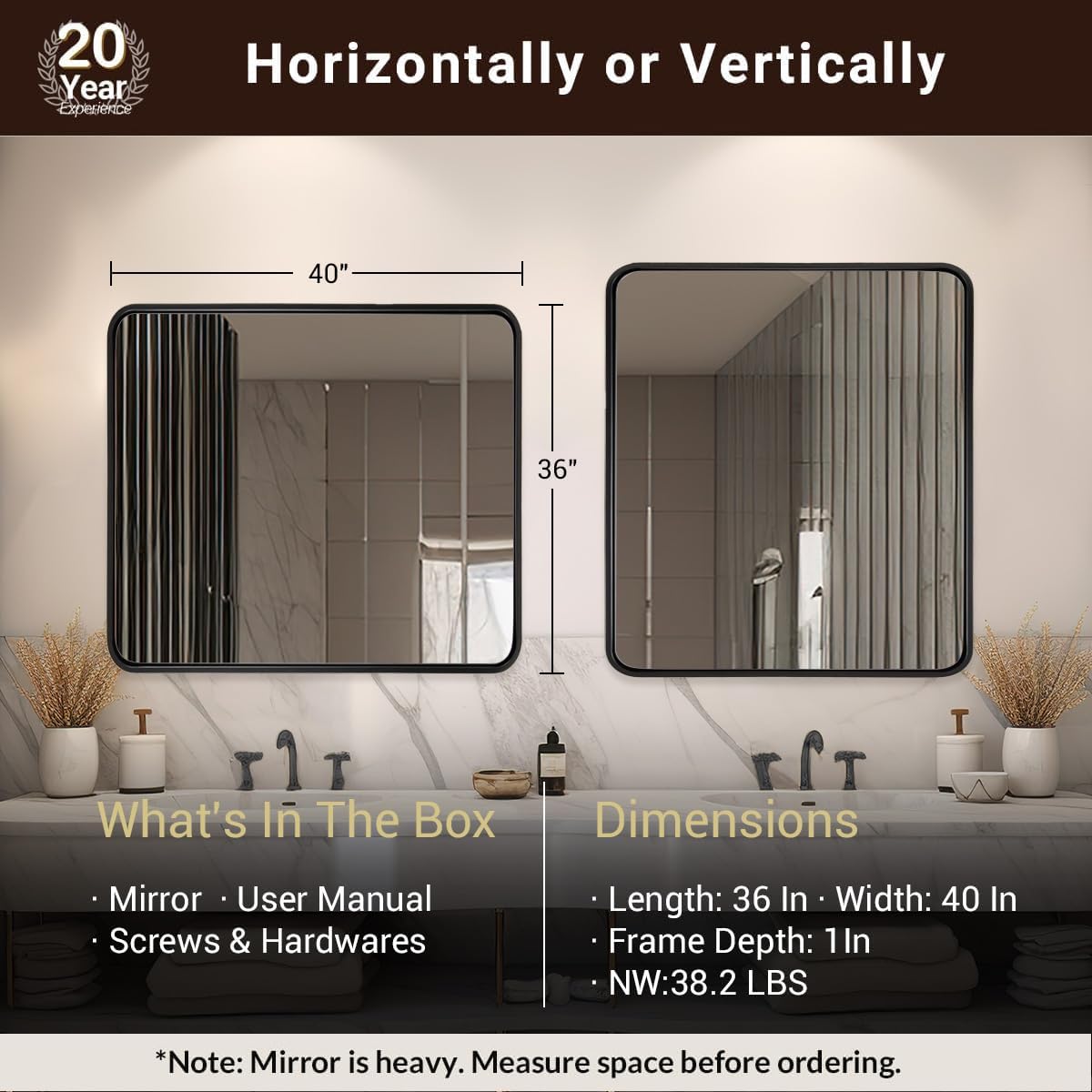 ANDY STAR 40X36 Inch Black Bathroom Mirror, Black Bathroom Vanity Mirrors for Wall, Rounded Rectangle Mirror for Bathroom, Seamless Tube Metal Frame, 1’’ Deep Wall Mounted Vertical/Horizontal