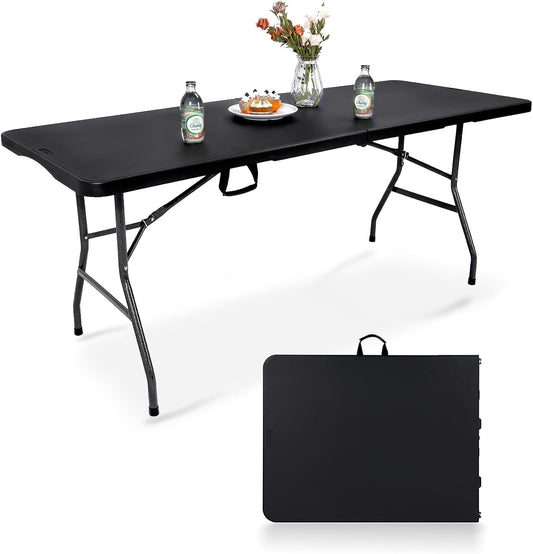 Folding Table 6FT HDPE 6 Foot Foldable Table Portable Banquet Surface Fold-in-Half Desk Utility for Working Meeting Parties, Picnic, Camping, Weddings, Catering, Garden Dining-Black