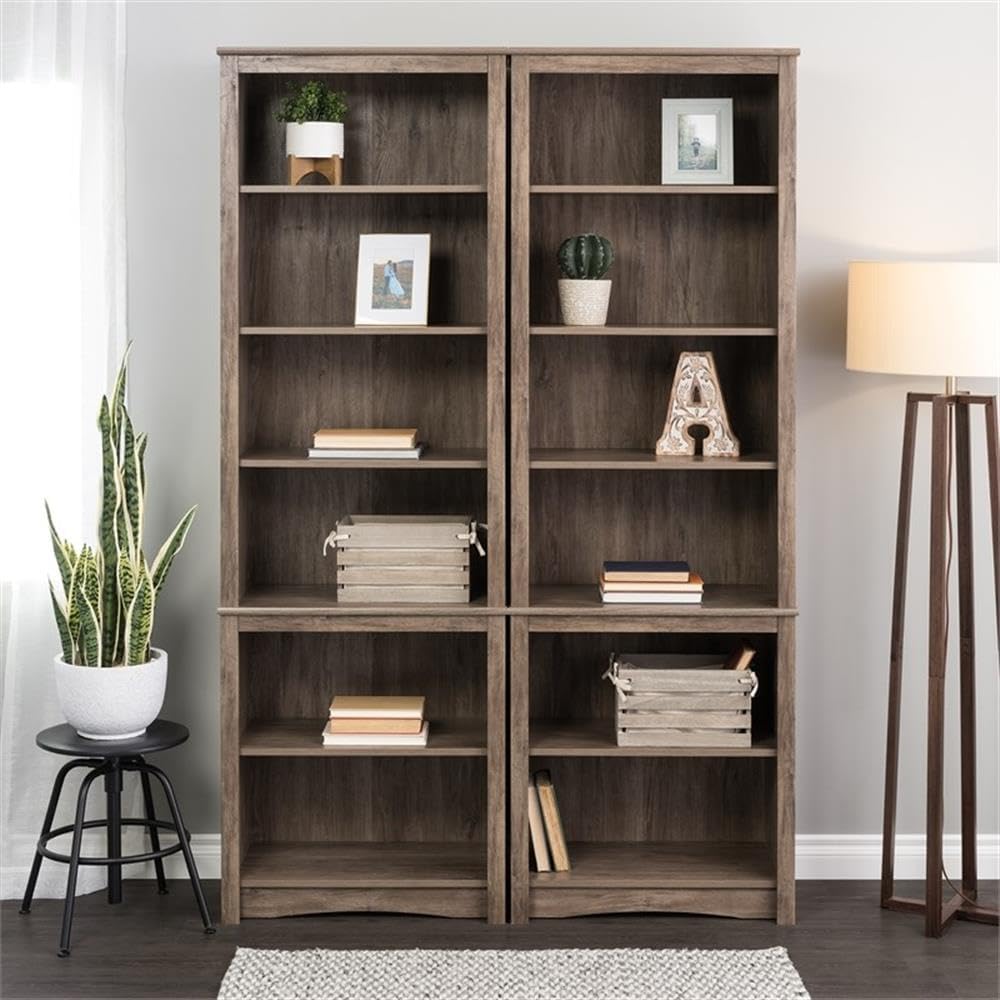 Prepac Sonoma Tall 6-Tier Bookcase 80"H with 2 Adjustable Shelves, Drifted Gray Storage Cabinet, Modern Display Cabinet, Bookshelf with Storage Shelves for Home Office, Living Room, Bedroom Organizer