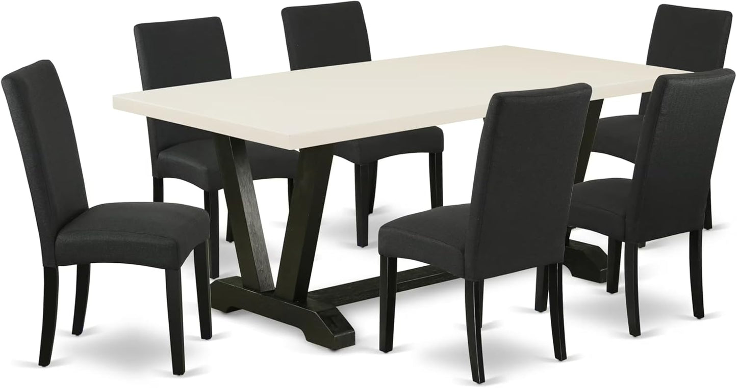 East West Furniture V627DR124-7 7 Piece Modern Dining Table Set Consist of a Rectangle Wooden Table with V-Legs and 6 Black Color Linen Fabric Parsons Dining Chairs, 40x72 Inch, Multi-Color