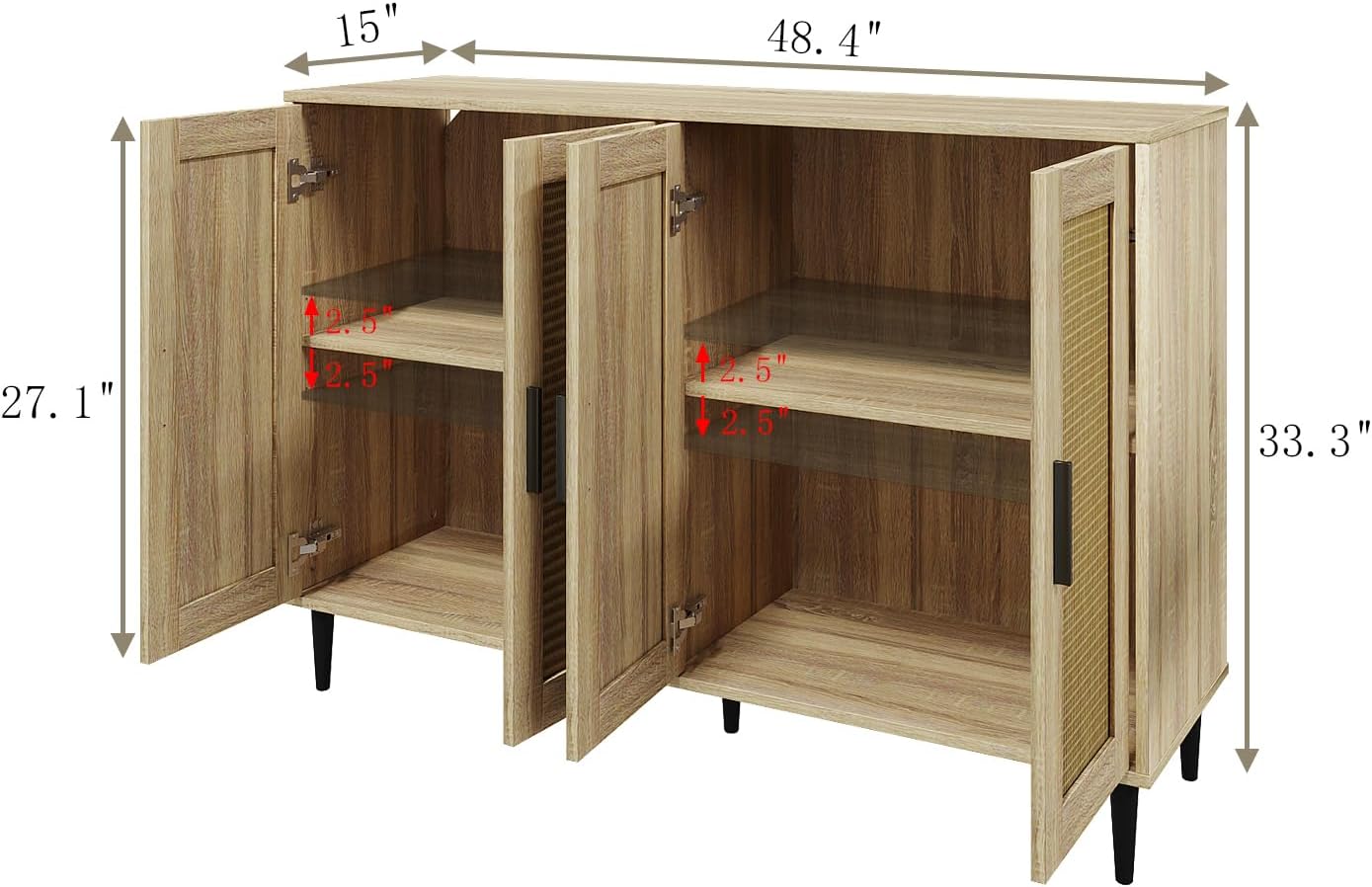 Buffet Sideboard,Kitchen Storage Cabinet with 4 Rattan Decorated Doors,Coffee Bar Cabinet with Adjustable Shelves for Living Room,Hallway,Natural