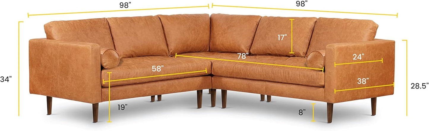 POLY & BARK Napa Leather Corner Sectional Sofa in Full-Grain Pure-Aniline Italian Tanned Leather in Cognac Tan