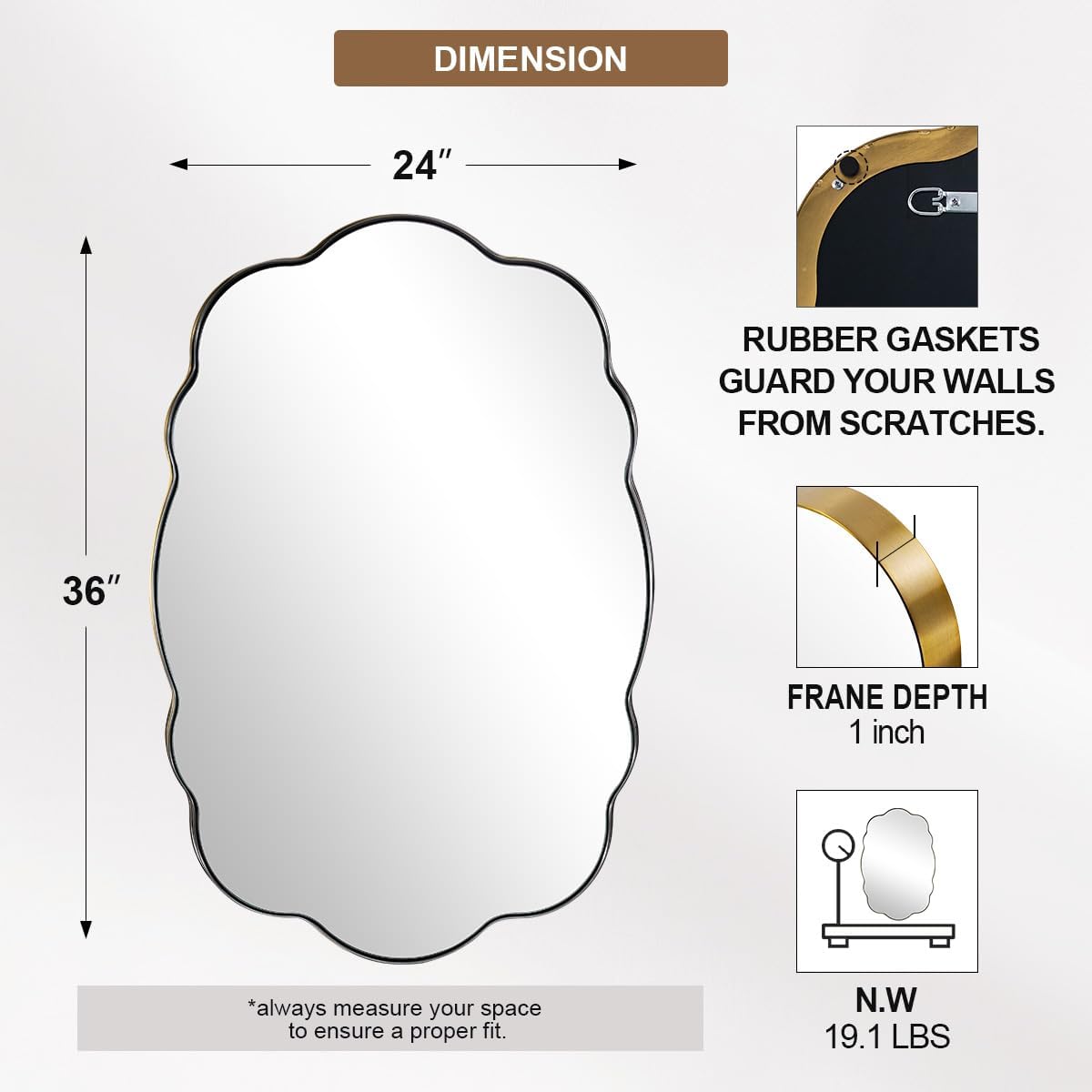 ANDY STAR Oval Bathroom Mirror, 24x36 Inch Scalloped Wall Mirror, Modern Brushed Gold Wavy Mirror, Anti-Rust Brass Metal Mirror for Bathroom Hang Vertical or Horizontal