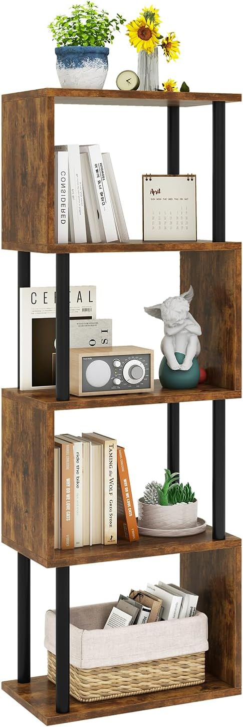 IBUYKE 5-Tier Tall Bookshelf,S-Shaped Geometric Bookcase, Wood Display Shelves with Storage,Industrial Bookshelf for Living Room Bedroom, Home Office, Rustic Brown WBC015H