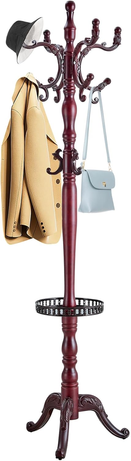 Solid Wood Coat Rack Freestanding, 77" Adjustable Hall Tree Hanger With Hooks, Coat Hanger Stand for Hanging Clothes Bags Hats in Living Room Bedroom
