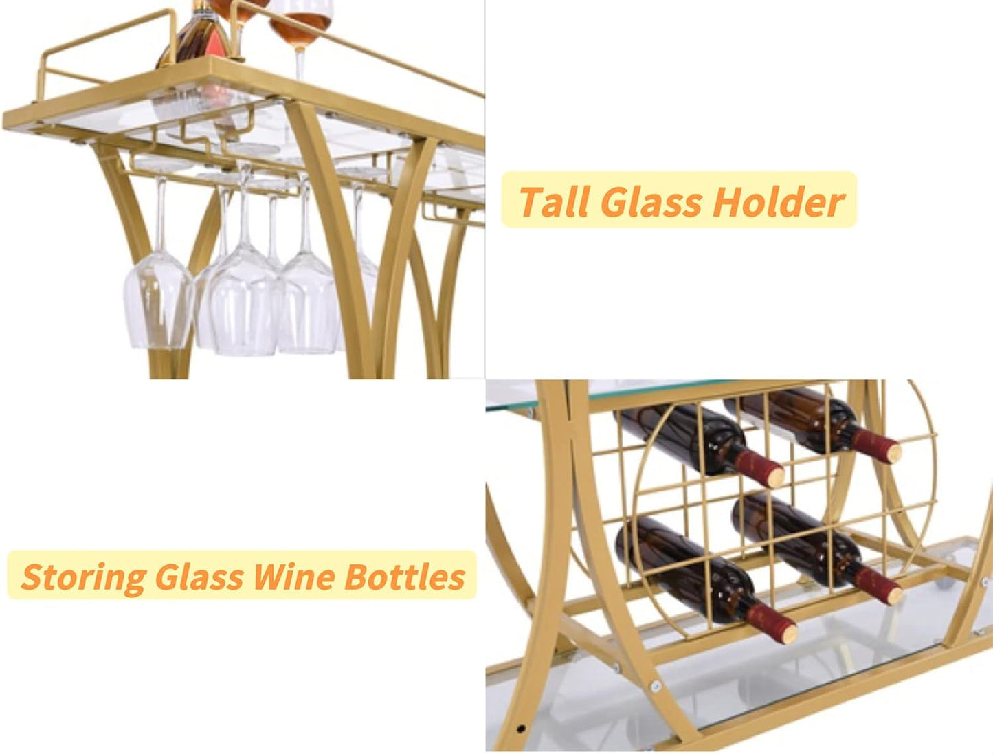 Gold Bar Carts with Glass Holders & Wine Rack,3 Tier Home Bar Serving Carts with Glass Shelves,Metal Rolling Bar Carts for The Home Kitchen, Party