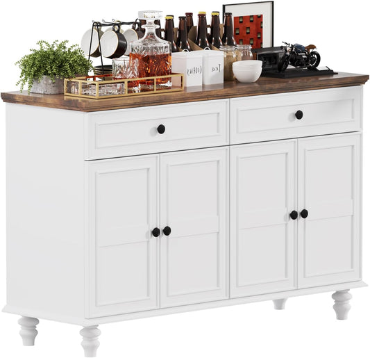 Farmhouse Buffet Cabinet with Storage, 47.6" Buffet Sideboard with 2 Drawers and 4 Doors, Wooden Kitchen Storage with Adjustable Shelves, Rustic Top Console Table for Dining Room, Kitchen or Entryway